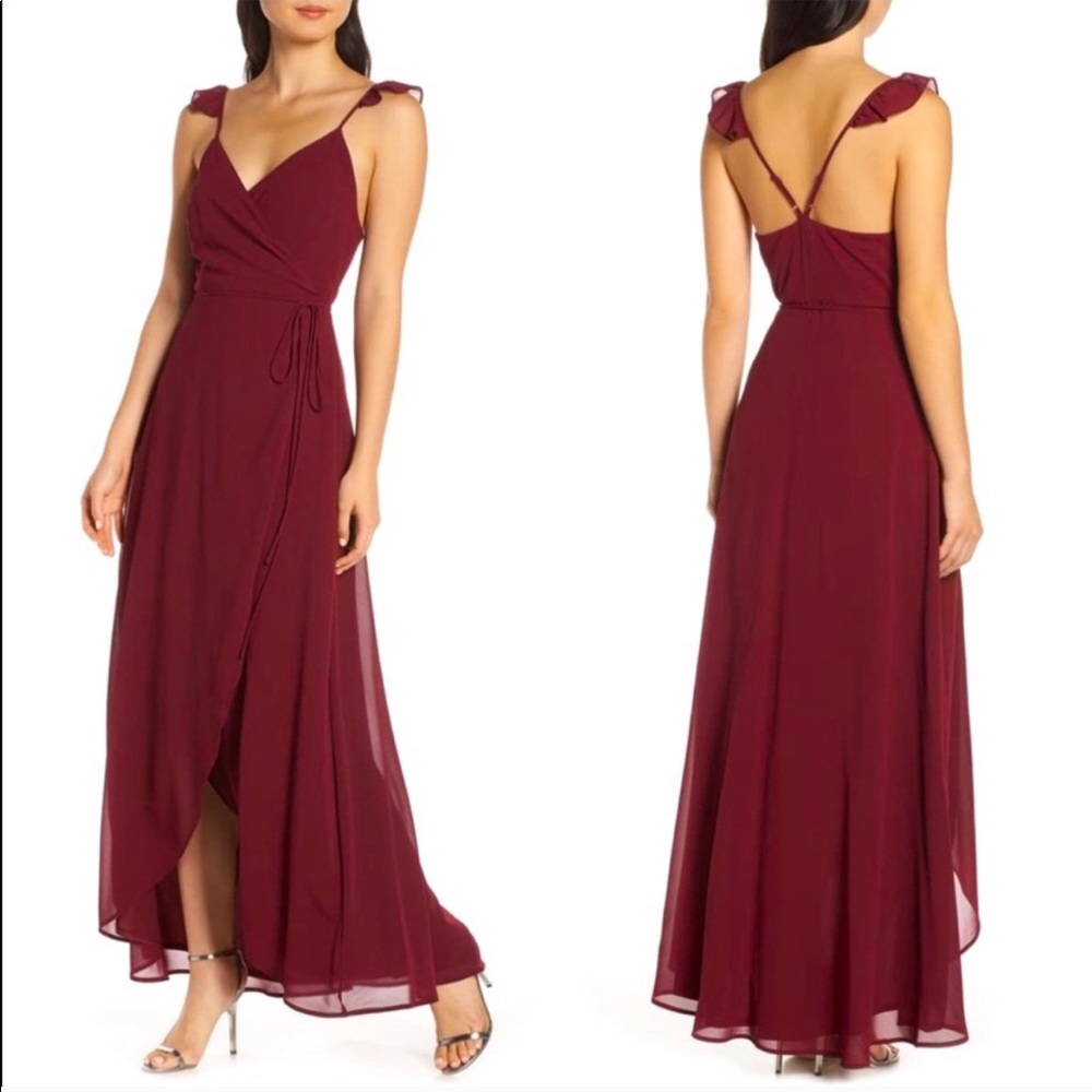 Lulu’s Here’s To Us High Low Wrap Dress Burgundy - Picture 1 of 13